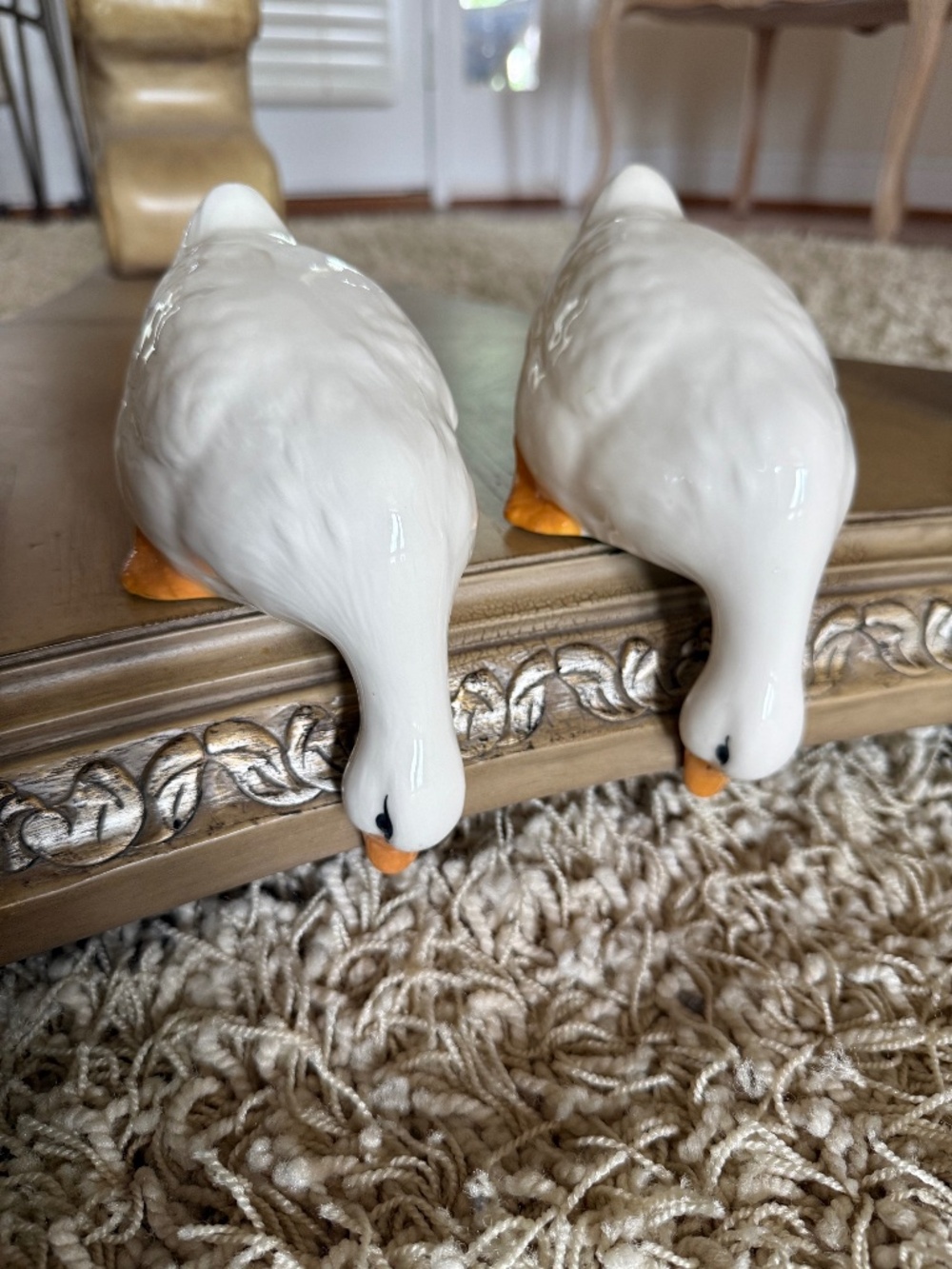 Vintage White Ceramic Shelf-Sitter Geese Set of 2 Farmhouse Cottagecore